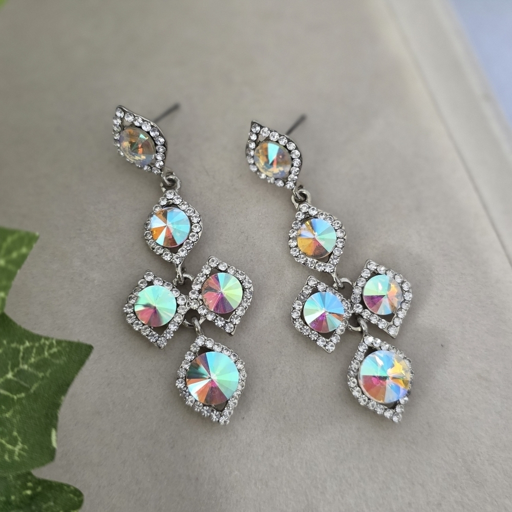 Silver and AB Iridescent Stones Statement Earrings